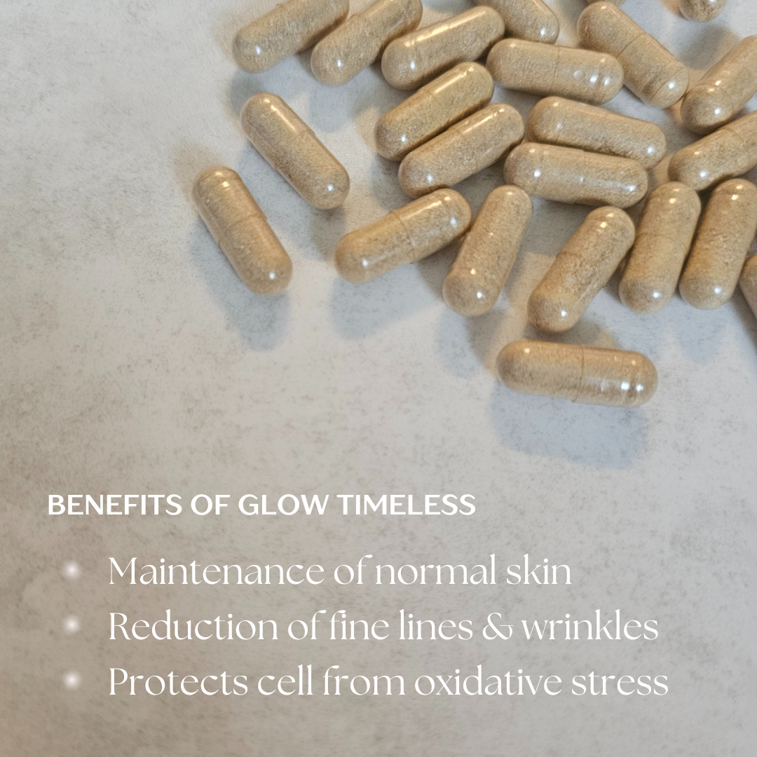 Benefits of glow timeless include maintenance of normal skin, reduction of fine lines and wrinkles, and protects cells from oxidative stress